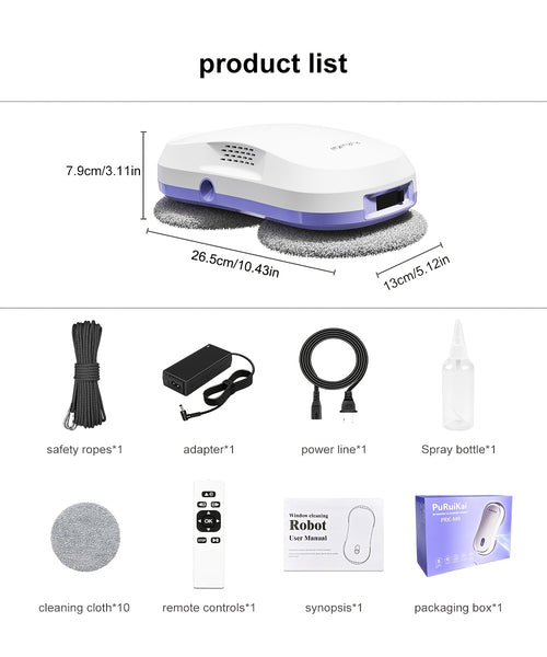 PuRuiKaiM8 Fully Automatic Plug-in Intelligent Window Cleaning Robot (2026 Latest Model) with Automatic Bidirectional Water Spray with Remote Control, 4.5-meter Anti Fall Safety Rope, Including 10 Cleaning Cloths And Spray Bottles