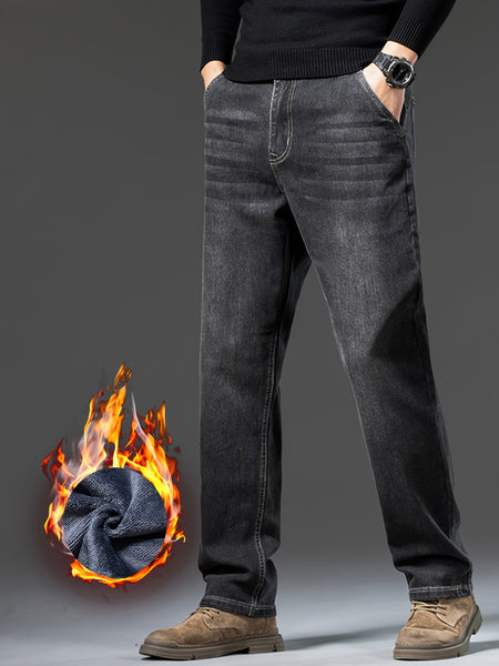 Men's Heavy-Themed Winter Light Business Casual Pants - Thickened Warm Washed Denim, Loose-Fit Mid-Rise with Internal Zipper Closure, Solid Color for Professional & -Casual Wear (Machine Washable)