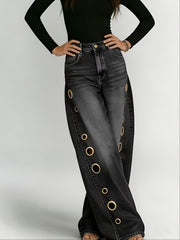 New Retro Style Denim Jeans for Women, with Metal Eyelets Designed for Casual And Loose Fit, High Waisted And Wide Leg Jeans, Street Cool Women'S Clothing, Black Retro Blue Light Blue Women'S Straight Leg Denim Pants
