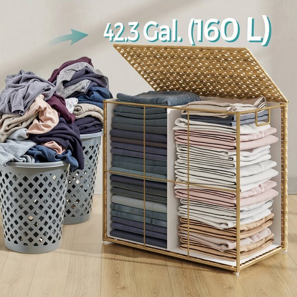 Laundry Basket, 160L Synthetic Rattan Storage Basket with Lid And Handles, Wicker, Foldable, Removable Liners, for Blankets, Clothes, Living Room, Laundry Room, Natural Colour, Laundry Baskets, Living Room Decor, Clothes Hamper, Stylish Organizer
