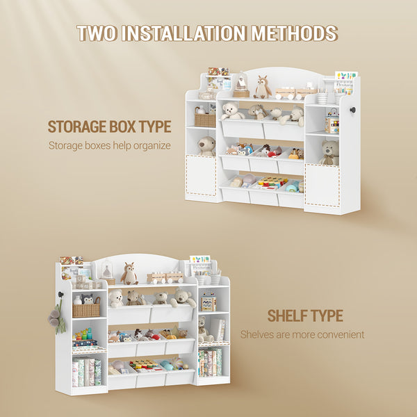 Toy Storage Units and Bookcase | With 8 Fabric Bins, Open Shelves, Display Rack, Suitable for Bedroom, Nursery, Playroom, Kindergarten, White - HZUANERI