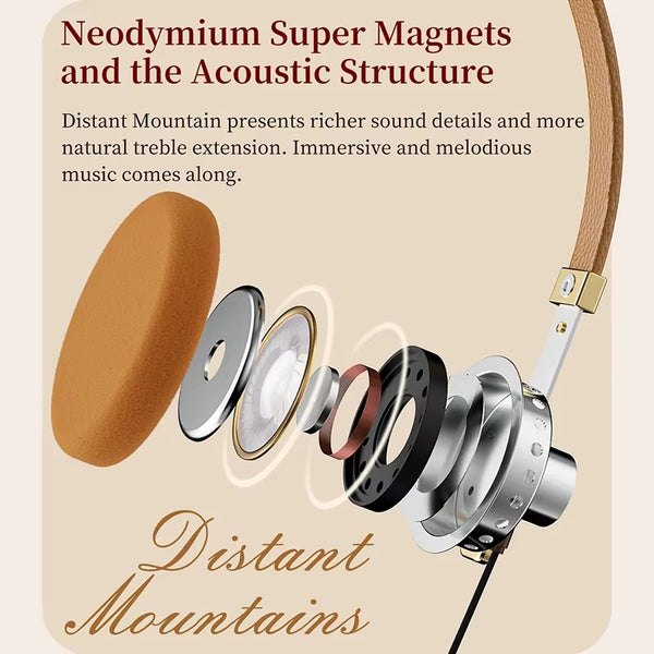 Distant Mountain Retro over Ear Hifi Headsets OOTD Vintage Metal Wired Headphones with MMCX 3.5Mm Plug
