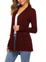 Women Simple Style Cardigan, Solid Color Long Sleeve Knitwear with Pockets, S/ M/ L/ XL/ XXL