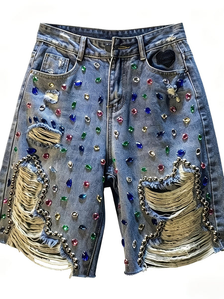 New European & American Style Women'S Heavy-Duty Rhinestone & Beaded Denim Shorts, High Waist Ripped Straight Leg Bermuda Capris, Made of Breathable, Cool, Soft And Comfy Fabric. Perfect for Summer Outdoor Casual Wear