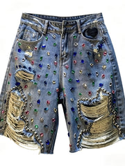 New European & American Style Women'S Heavy-Duty Rhinestone & Beaded Denim Shorts, High Waist Ripped Straight Leg Bermuda Capris, Made of Breathable, Cool, Soft And Comfy Fabric. Perfect for Summer Outdoor Casual Wear