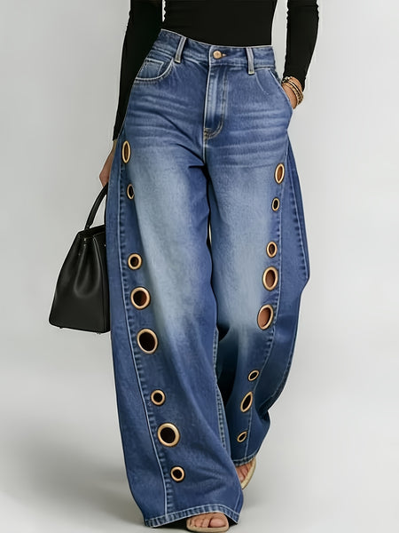 New Retro Style Denim Jeans for Women, with Metal Eyelets Designed for Casual And Loose Fit, High Waisted And Wide Leg Jeans, Street Cool Women'S Clothing, Black Retro Blue Light Blue Women'S Straight Leg Denim Pants