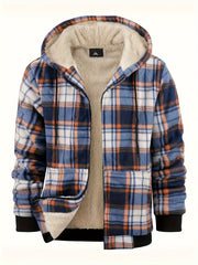 Men's Heavyweight -Lined Hooded Jacket - Full-Zip Plaid Thickened Shirt with Pockets and Adjustable Drawstring, Comfortable and Warm for Autumn and Winter