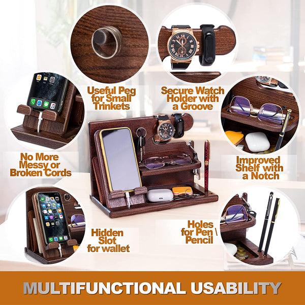 Gifts for Men Wood Phone Docking Station Desk Organizer Fathers Gifts Gifts for Him Xmas Gift Anniversary Birthday Presents Nightstand Key Wallet Stand for Men, Boyfriend, Dad (Brown)