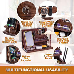 Gifts for Men Wood Phone Docking Station Desk Organizer Fathers Gifts Gifts for Him Xmas Gift Anniversary Birthday Presents Nightstand Key Wallet Stand for Men, Boyfriend, Dad (Brown)