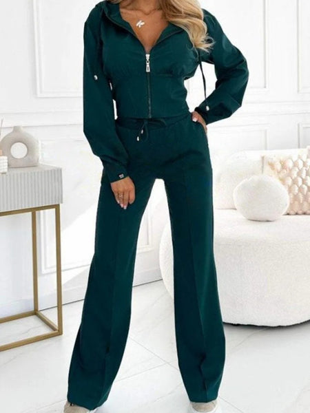 Women's Sexy Elegant Two-Piece Suit Set - Solid Color Slim-Fit Jacket & Pants with Hooded Zipper Jacket, Thin Strap Neckline & Structured Fit | Spring/ Summer Casual to Semi-Formal Outfits | Avant-Garde Streetwear Style | Versatile Commuter & Special