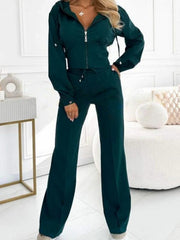 Women's Sexy Elegant Two-Piece Suit Set - Solid Color Slim-Fit Jacket & Pants with Hooded Zipper Jacket, Thin Strap Neckline & Structured Fit | Spring/ Summer Casual to Semi-Formal Outfits | Avant-Garde Streetwear Style | Versatile Commuter & Special