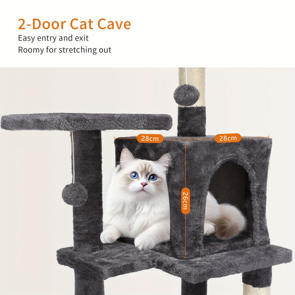 Cat Tree, 112 Cm Multi-Level Plush Cat Condo with 4 Scratching Posts, 2 Perches, Cave, Hammock, Pompoms, Light Grey
