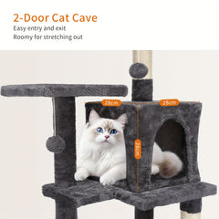 Cat Tree, 112 Cm Multi-Level Plush Cat Condo with 4 Scratching Posts, 2 Perches, Cave, Hammock, Pompoms, Light Grey