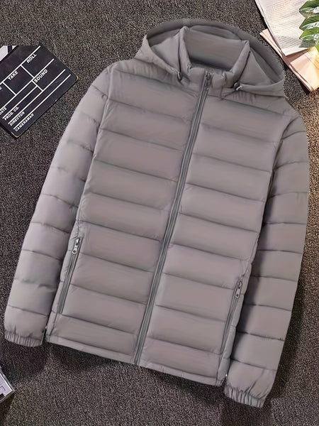 Men's Solid Hooded Jacket for Fall Winter, Men's Casual Zip Up Warm Quilted Jacket Warm And Comfortable Stylish Leisure Clothing for Outdoors.