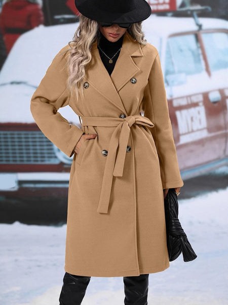 Women'S Elegant Double-Breasted Lace-Up Coat - Winter Trench Coat with Front Pockets, Structured Formal & Casual Outerwear for Fall/Winter, Chic Office, Party, Everyday Outfits - Durable Cold Weather Clothing, Ladies Winter Coats, Party Attire, Sophistica