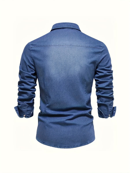 New Men'S Denim Shirt, Casual Solid Color Men'S Long Sleeve Dress Shirt