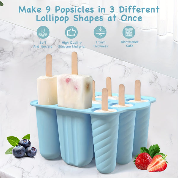 Ice Lolly Moulds, Silicone Popsicle Molds, 9 Cavities Ice Cream Moulds With 50 Sticks, 50 Bags, 50 Tie Wraps, Brush And Funnel