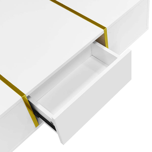 Marble Patterned Countertop Coffee Table with Gold Lines Rectangular Side Table, 2 Drawers, Modern Living Room Coffee Table