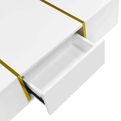 Marble Patterned Countertop Coffee Table with Gold Lines Rectangular Side Table, 2 Drawers, Modern Living Room Coffee Table