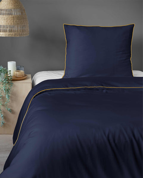 Luxury Dark Blue Duvet Cover Set with Gold Trim – 100% Cotton Sateen – Opulent Hotel Style Bedding for Single, Double, and King Beds