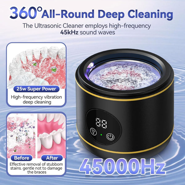 Padonco Ultrasonic Retainer Cleaner, 45Khz Ultrasonic Denture Cleaner Machine with Uv-Light, Portable Ultrasonic Cleaner for Aligner, Mouthguard