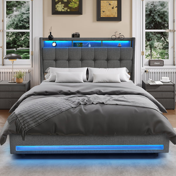 Upholstered Ottoman Bed/ 4 Drawer Storage Bed, 4ft6 Double Bed Frame with Storage & LED & USB, Gas Lift Up Storage Bed Hydraulic Upholstered Bed with Storage Headboard&Slats, Linen, No Mattress, Grey (Optional Purchase Of Mattress)