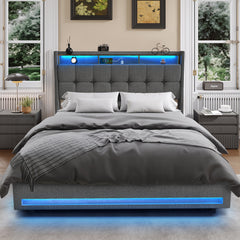 Upholstered Ottoman Bed/ 4 Drawer Storage Bed, 4ft6 Double Bed Frame with Storage & LED & USB, Gas Lift Up Storage Bed Hydraulic Upholstered Bed with Storage Headboard&Slats, Linen, No Mattress, Grey (Optional Purchase Of Mattress)