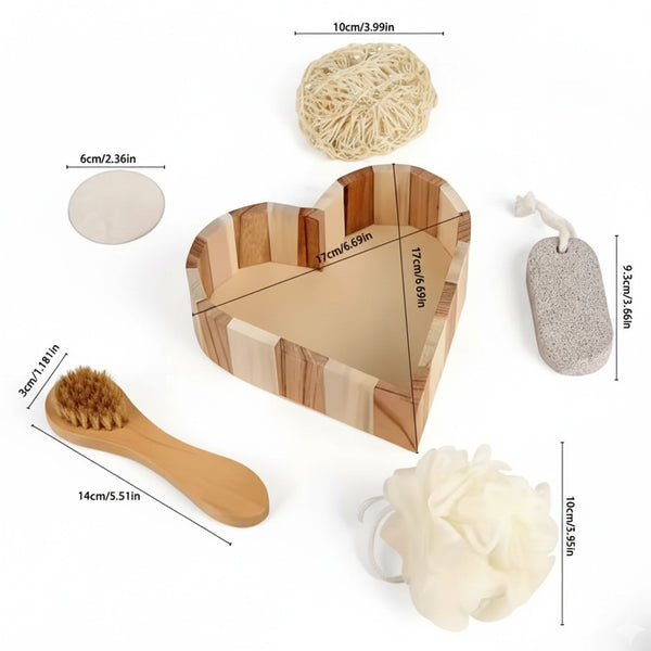 Boxed Heart-Shaped Bath Set - A wooden spa gift kit for bathrooms, featuring a heart-shaped wooden bucket. Includes a loofah, pumice stone, massager, and brush. This natural relaxation and body care kit is ideal for home use and bathroom decoration.