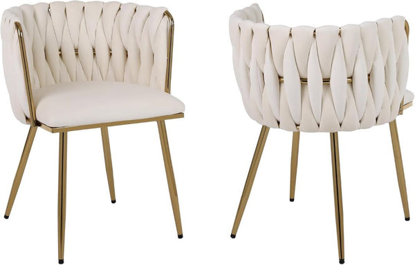 Set of 2 x Luxury Velvet/Metal Upholstered Seat Woven Dining Kitchen Home Restaurant Bar Pub Stool Chair (Cream/Gold)