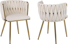 Set of 2 x Luxury Velvet/Metal Upholstered Seat Woven Dining Kitchen Home Restaurant Bar Pub Stool Chair (Cream/Gold)