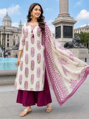 TeamWear* Women'S Cotton Embroidered Printed Kurta with palazzo & Dupatta Set with lace