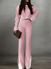 Women'S Short Color-Blocked Long-Sleeve Top with Solid Color Pants, a Casual And Stylish Outfit for Christmas