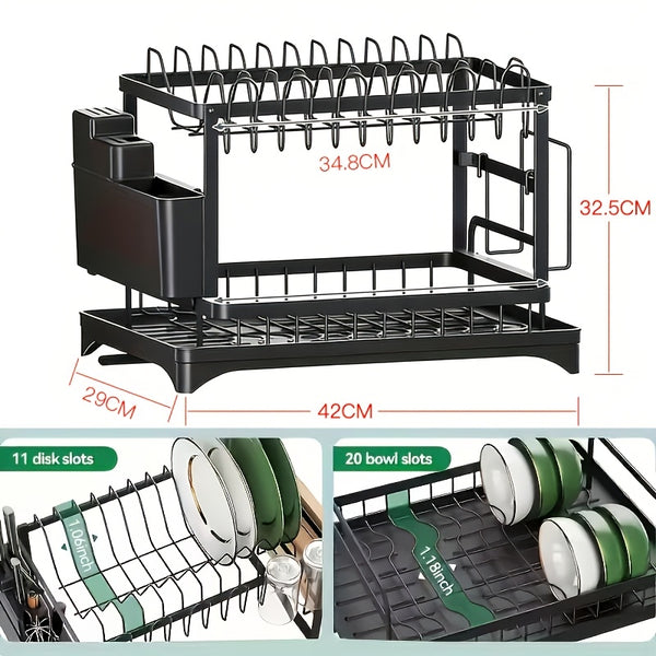 2 Tier Dish Drainer Rack for Kitchen Counter - Space-Saving Dish Rack with Utensil Holder and Cutting Board Holder Large Capacity Drying Rack with Draining Board, Black
