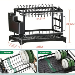 2 Tier Dish Drainer Rack for Kitchen Counter - Space-Saving Dish Rack with Utensil Holder and Cutting Board Holder Large Capacity Drying Rack with Draining Board, Black