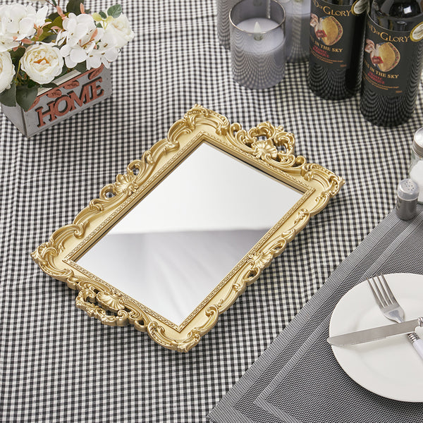 Luxury and Retro Style Bathroom Mirror Tray, Decorative Tray for Bathroom, Plastic Tray for Bathroom Countertop, Cosmetic and Jewelry Storage Tray, Golden Square Tray
