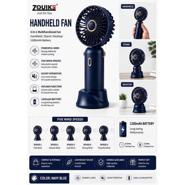 Rechargeable Handheld Fan Portable Mini USB Cooling Fan 5 Speed Silent Desktop Fan