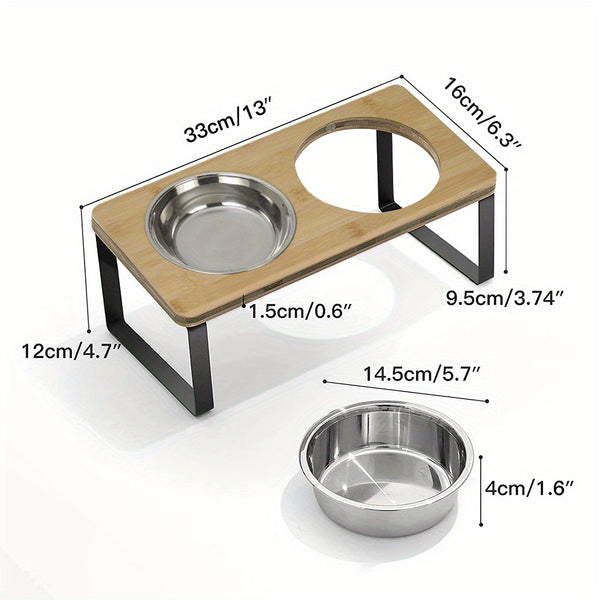 Raised Cat Food Bowl Elevated Pet Feeder With 2 Stainless Steel Bowls, 15°Tilted Stand Indoor Cats Double Dishes Feeding Station, 33*16*12cm