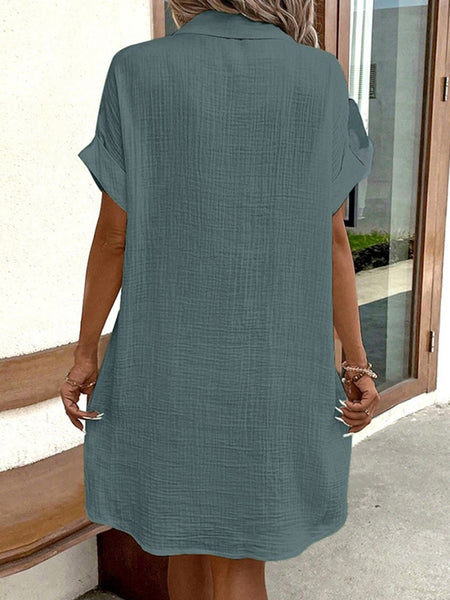 Women's Summer Lapel Collar Button- Shirt Dress - Short Sleeve Pocket Mini Dress with Pocket, Solid Color Pencil Suit Dress for Office, Semi-Formal Wear, Machine Washable Blouse Style Dress