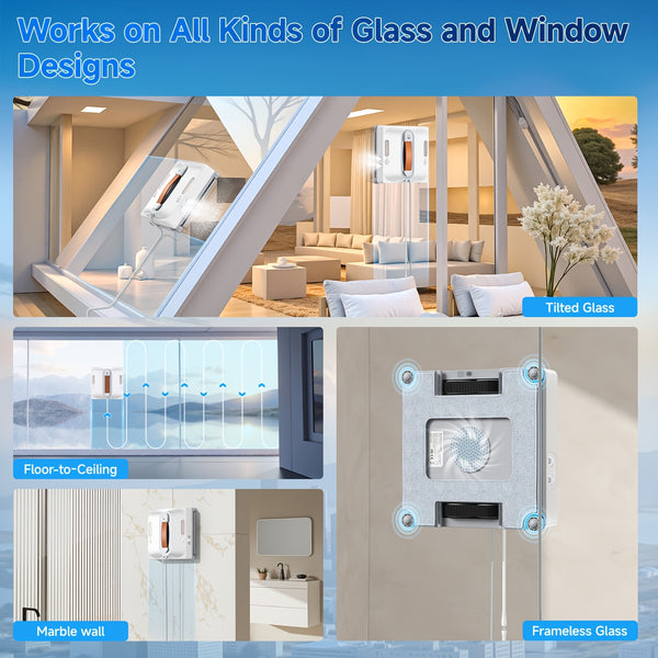 2025 Intelligent Electronic Window Cleaning Robot, Featuring 7.5Kpa Strong Suction, Smart Route Planning, an 8-Layer Safety Protection System, Edge Cleaning Capabilities, Washable Rags, Double-Sided Nozzles, And Water Volume Display
