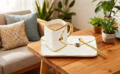 Porcelain Tea Cup and Saucer Set with Spoon, 310ml Handbag Style Ceramic Coffee Cup, High-Temperature Fired, Hand-Glazed with Gold Detailing