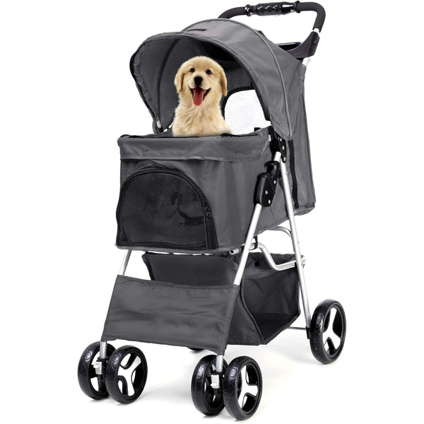 Foldable Pet Stroller With Rain Cover, Portable Foldable Outdoor Walking Cart with Large Space, Hand-Pull Design, Durable Oxford Fabric, Ergonomic Handle & Ventilation Mesh, Lightweight & Sturdy Frame For Small To Medium Dogs - Outdoor Pet Carrier, Modern