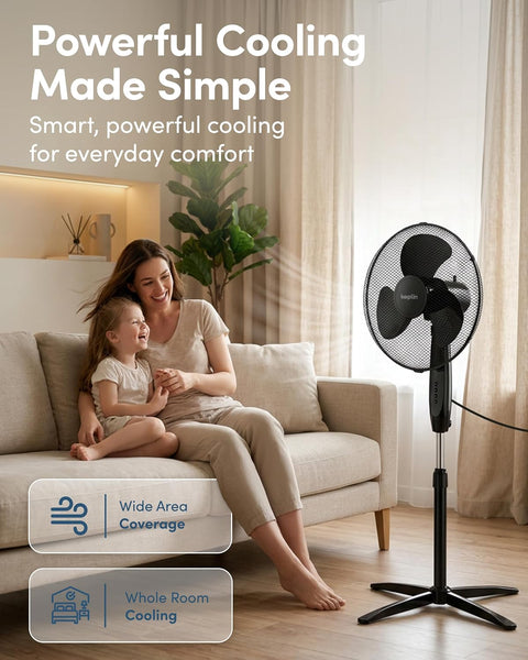 Keplin 16 Inch Stand Fan Adjustable Pedestal Cooling Fan with 3 Speed Settings Tilt Head Quiet AC Motor Energy Efficient 45W Stable Base for Home Bedroom Office Air Circulation Cooling Solution, Black