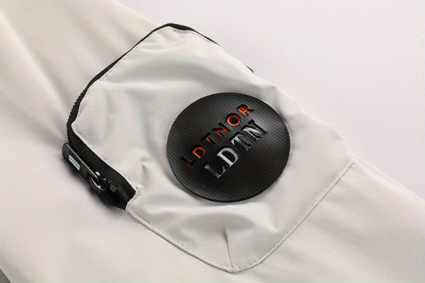 Multiple Pocket Design Men's Embroidery Long Sleeve Zip Up Drawstring Hooded Jacket, Men's Stand Collar Thin Jacket for Spring Outdoor
