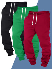 Three-pc Men's Solid Color Plain Elastic Waistband Drawstring Ribbed Cuffed Casual Jogger Pants, Men's Dress Administrative Trousers