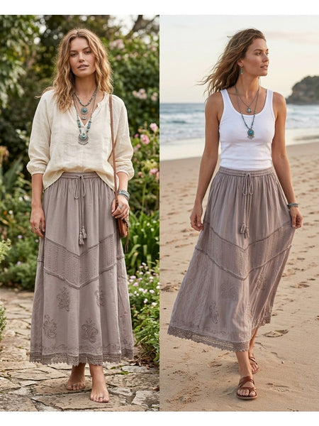 Women'S Indian Boho Maxi Skirt, Embroidered Drawstring Tiered Skirt 18654