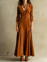 Chic Long Dress with a Lapel Collar, Featuring Three-Quarter Sleeves And a Vintage Full Skirt. Perfect for Autumn And Winter Office Wear, Retro Gatherings, Casual Outings, And Light Social Events