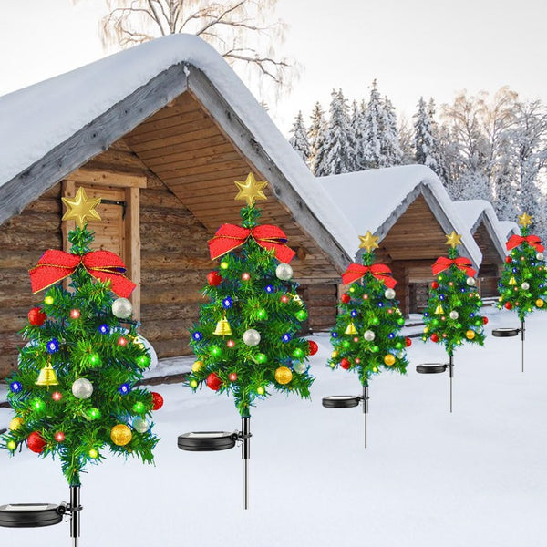 2 Set Solar Xmas Christmas Tree & Pathway Lights - Waterproof Outdoor Decor with Bow & Bell