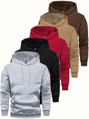 5pcs Men's Long Sleeve Sweatshirt Hoodie, Autumn/Winter Solid Color Plain Hooded Pullover with Drawstring Design and Kangaroo Pocket, Men's Casual Sportswear Top