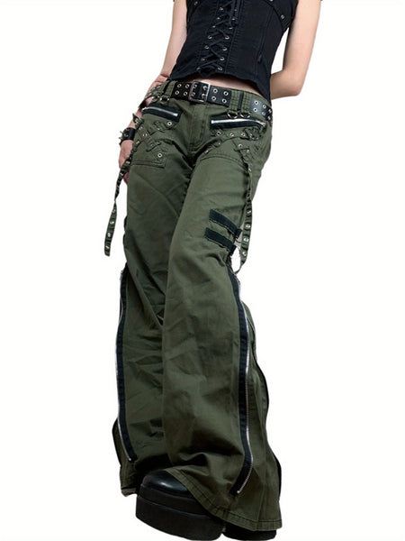 Women Gothic Cargo Pants Loose Low Waist Trousers Wide Leg Baggy Jeans Harajuku Streetwear Punk