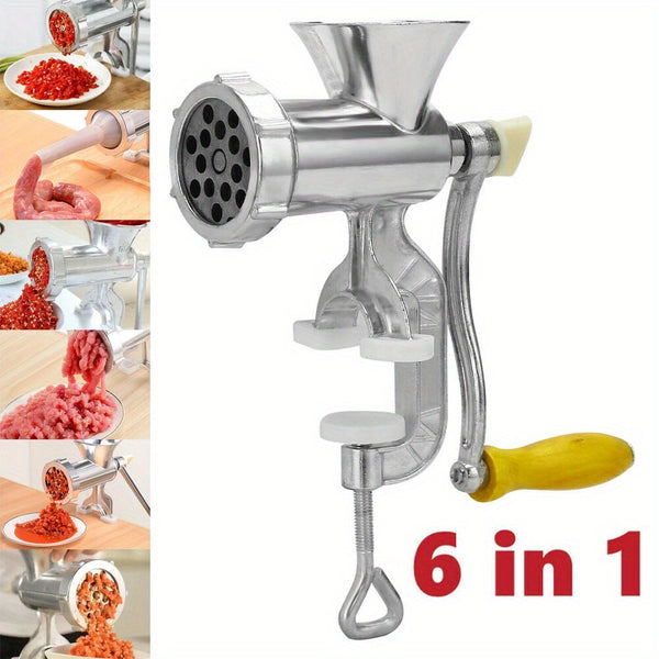 6-in-1 Manual Meat Grinder Aluminum Alloy Sausage Filling Machine Wooden Handle Meat Grinder for Meat and Vegetable Grinding and Sausage Filling
